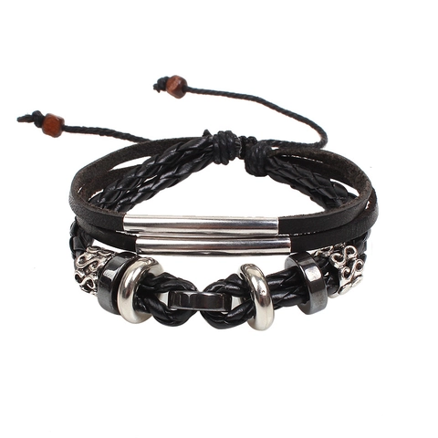 Bracciale Multistrato in Pelle Intrecciata Vintage per Uomo Nero in Pelle di Vacchetta Corda Cerata Bracciale Regolabile con Perline Gioielli