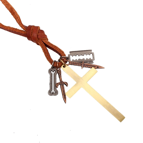 Collana In Pelle Punk Retro Con Croce In Rame Per Uomo Donna Con Pendenti Multipli Spada Osso Rasoio Gioielli Gotici