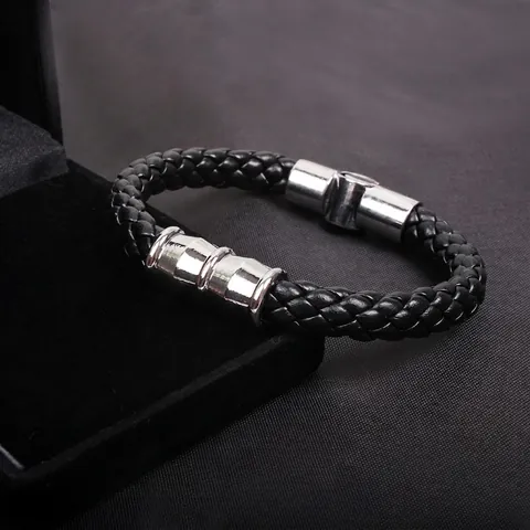 Men Punk Woven Genuine Leather Bracelet With Alloy Magnetic Clasp Black Snake Texture Fashion Hand Wrap Jewelry Gift