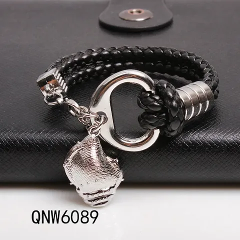 Nautical Men Hand-Woven Leather Bracelet With Alloy Conch Pendant Fashion Shell Charm Wristband Casual Jewelry Gift Black