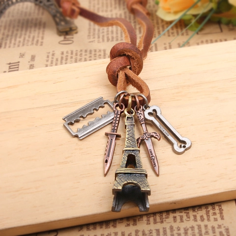 Collier Pendentif Vintage Multi-Éléments Tour Eiffel Romantique Française Pour Hommes Corde en Cuir Brun Breloques en Cuivre Bronze