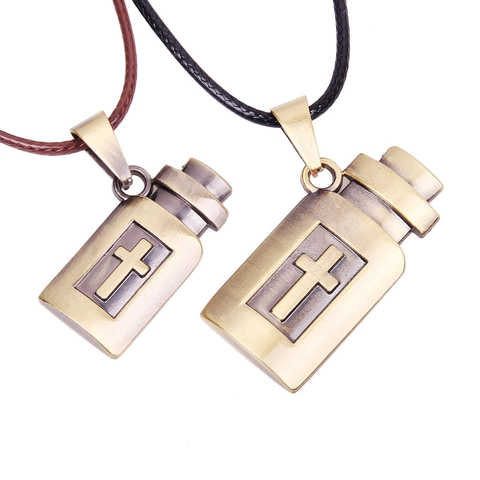 Collana con Pendente a Forma di Bottiglia con Croce in Lega Retrò per Coppie Gioielli con Catena in Corda di Cuoio Bronzo Antico