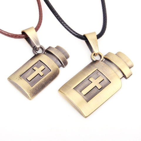 Collana con Pendente a Forma di Bottiglia con Croce in Lega Retrò per Coppie Gioielli con Catena in Corda di Cuoio Bronzo Antico