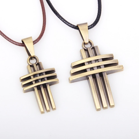 Vintage Antique Bronze Geometric Cross Pendant Necklace For Men Women Alloy Cross Necklace With PU Leather Cord Valentine Day Gift