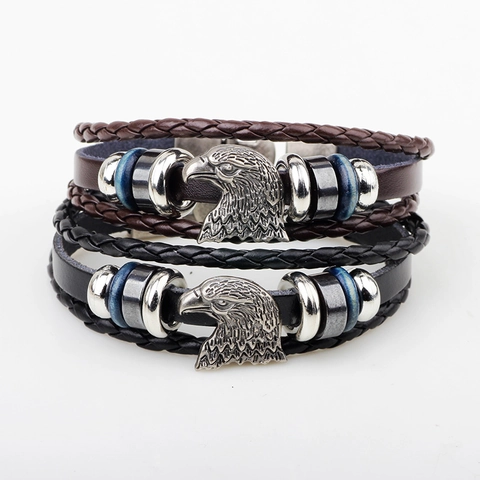 Bracciale Multistrato in Lega con Testa di Aquila Retro Uomo Donna Vintage Punk Stile Perle in Lega Argento Antico Gioielli