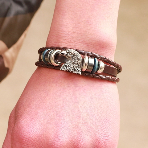 Bracciale Multistrato in Lega con Testa di Aquila Retro Uomo Donna Vintage Punk Stile Perle in Lega Argento Antico Gioielli