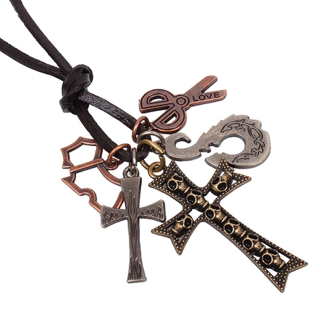 Vintage Punk Legering Multi-Hanger Leren Koord Halsketting Met Schedel Kruis Schaar Hangers Gotisch Sieraden Heren Dames