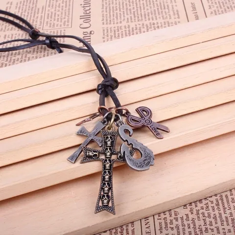 Vintage Punk Legering Multi-Hanger Leren Koord Halsketting Met Schedel Kruis Schaar Hangers Gotisch Sieraden Heren Dames