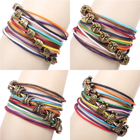 Bohemian Multicolor Wax Rope Braided Bracelet Vintage Alloy Animal Charm Multi Layer Wrap Wristband For Men Women Ethnic Jewelry