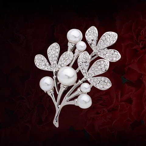 Elegant Alloy Flower Branch Brooch With Artificial Pearls And Rhinestones Silver Tone Floral Breastpin For Women Party Jewelry