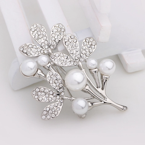 Elegant Alloy Flower Branch Brooch With Artificial Pearls And Rhinestones Silver Tone Floral Breastpin For Women Party Jewelry