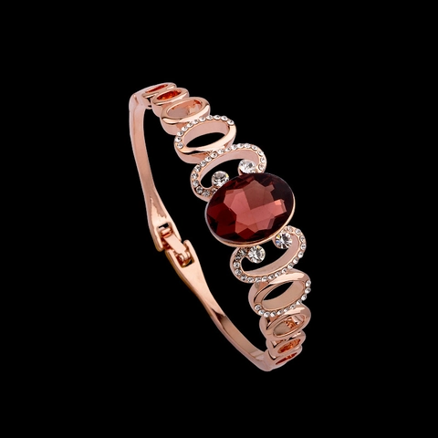 Elegante Brazalete Abierto Chapado En Oro Rosa Para Mujer Joyería Geométrica Hueca Con Estrás Rojo Ovalado Vintage