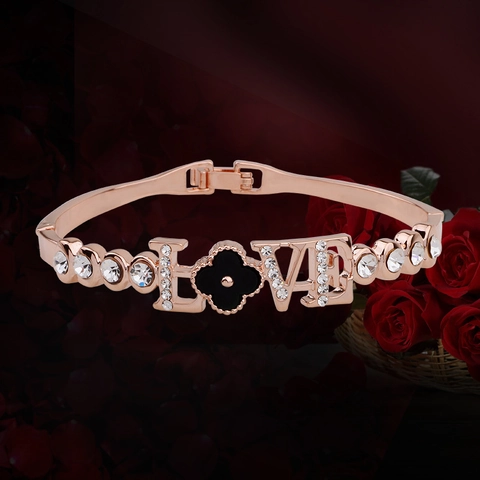 Rose Gold Alloy Rhinestone LOVE Clover Bangle Bracelet For Women Fashion Elegant Jewelry Wedding Party Gift