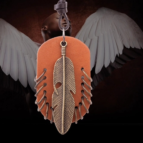 Collana con Pendente a Piuma in Vera Pelle Vintage in Lega di Metallo Foglia Marrone Gioielli in Stile Tribale Bohemien per Uomo Donna