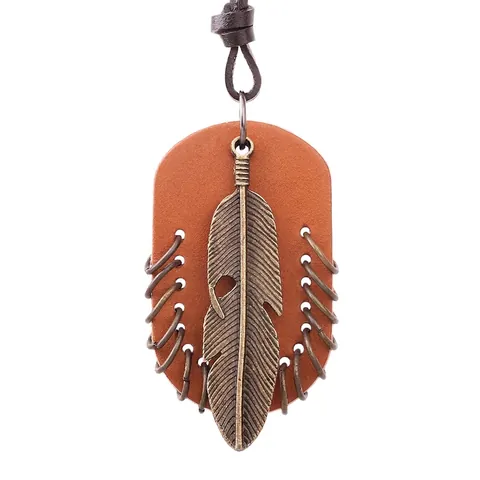 Collana con Pendente a Piuma in Vera Pelle Vintage in Lega di Metallo Foglia Marrone Gioielli in Stile Tribale Bohemien per Uomo Donna
