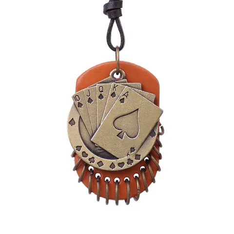 Collana con Ciondolo a Forma di Carta da Poker Vintage per Uomo Cordino in Vera Pelle Lega Picche Scala Reale Retro Punk Hip Hop Gioielli