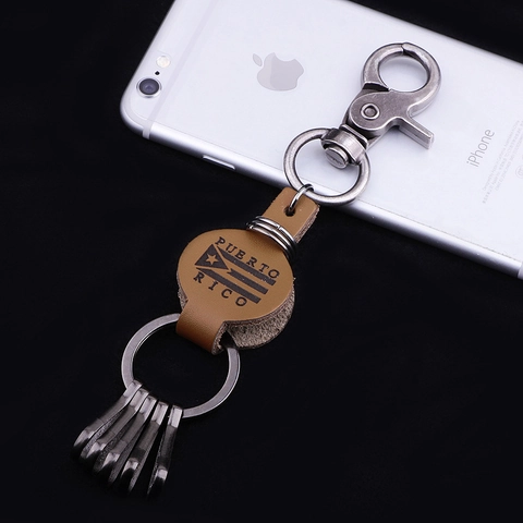 Llavero Vintage Bandera Puerto Rico Cuero Aleación Retro Multi Anillo Llavero Coche Souvenir Regalo Para Hombres Mujeres
