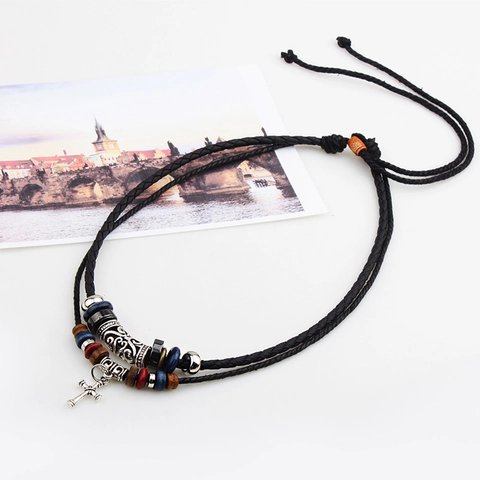Retro Legierung Kreuz Anhänger Halskette Doppelt Geflochtenes PU Leder Seil Mit Bunten Holzperlen Boho Unisex Schmuck