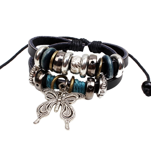 Bracciale a Farfalla Vintage Multistrato in Pelle di Vacchetta per Uomo Donna Cordino con Perline Tessuto a Mano Gioielli Boho Regolabili