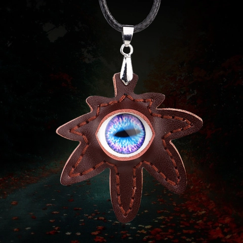 Vintage Men Leather Maple Leaf Evil Eye Pendant Necklace With Adjustable Wax Cord Fantasy Gothic Style Handmade Jewelry