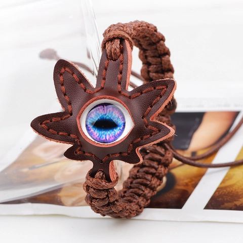 Vintage Men Braided Leather Evil Eye Bracelet Hand Woven Ethnic Style Adjustable Cord Wax Rope Glass Bead Bangle Jewelry