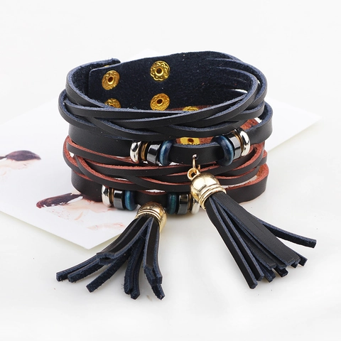 Bracciale Multistrato Vintage Bohemien in Pelle PU Con Nappina da Donna Cinturino Intrecciato Leopardato Con Chiusura in Acciaio