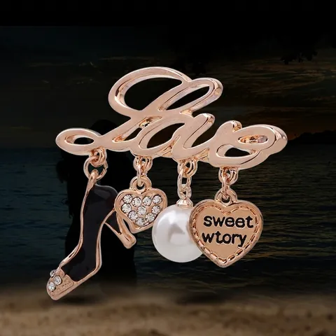 Eleganter Roségold Love Brosche Für Damen Legierung Strass Herz Stöckelschuh Anhänger Künstliche Perle Modeschmuck Dekor