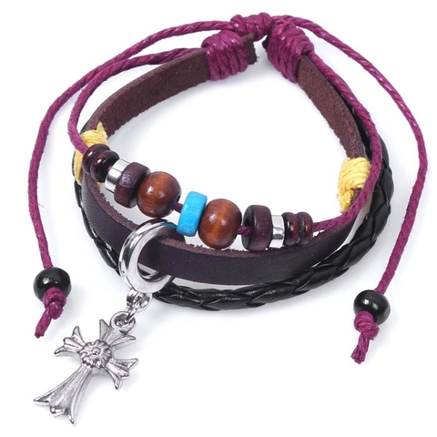 Bracciale Retrò in Pelle di Vacchetta Multistrato con Croce per Uomo Donna Intrecciato Bohemian Corda Cerata Perline di Legno Gioielli Punk