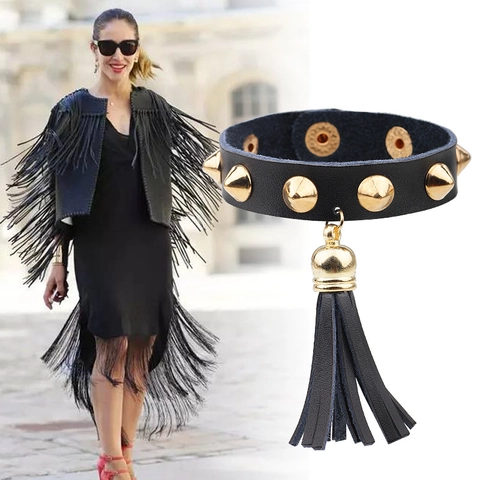 Punk-Stil PU-Leder Armband Mit Legierung Spikes Nieten Quastenanhänger Mode Rock Spiked Manschette Armband Für Damen Schmuck