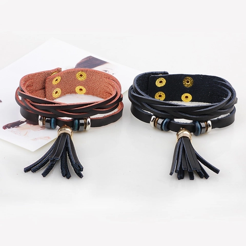 Bracciale Multistrato Vintage Bohemien in Pelle PU Con Nappina da Donna Cinturino Intrecciato Leopardato Con Chiusura in Acciaio