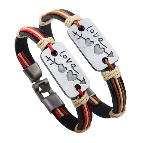Vintage Geflochtenes Leder Pärchen Armband Legierung Liebe Herz Pfeil Platte Graviert Verstellbar Hand Schmuck Geschenk Valentinstag