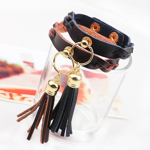 Mode Punk Lederen Kwastje Armband Voor Vrouwen Legering Metalen Ring Strass Luipaard Wikkelarmband Street Style Sieraden