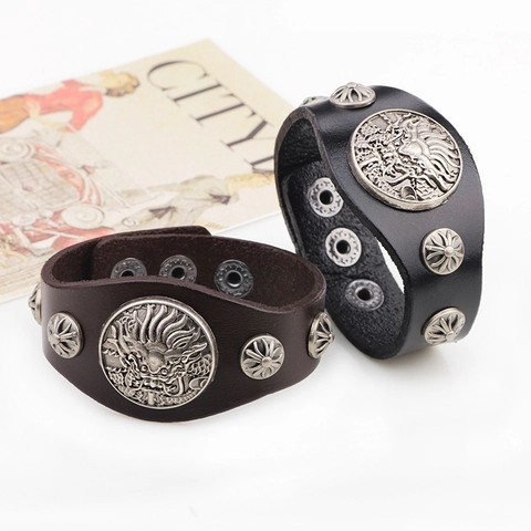 Bracciale Rigido Largo in Lega Con Rivetti a Forma di Drago Cinese Vintage per Uomo Gioielli Punk Rock Argento Antico Animali Zodiacali