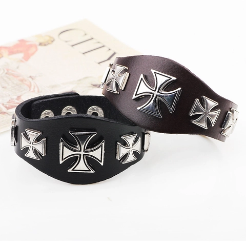 Herren Retro Punk Breites Lederarmband Galvanisierte Legierung Eisenkreuz Anhänger Gothic Rock Biker Verstellbares Wickelarmband Schmuck