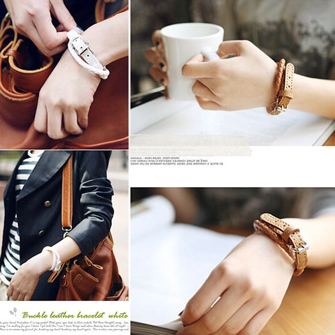 Simple Fashion Woven PU Leather Bracelet For Women Double Wrap Belt Buckle Design Retro Minimalist Style Jewelry Accessory Gift
