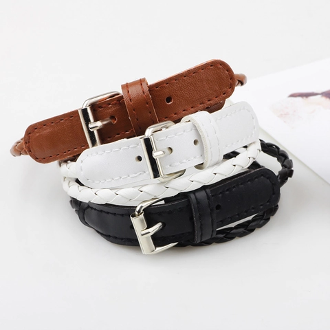Simple Fashion Woven PU Leather Bracelet For Women Double Wrap Belt Buckle Design Retro Minimalist Style Jewelry Accessory Gift