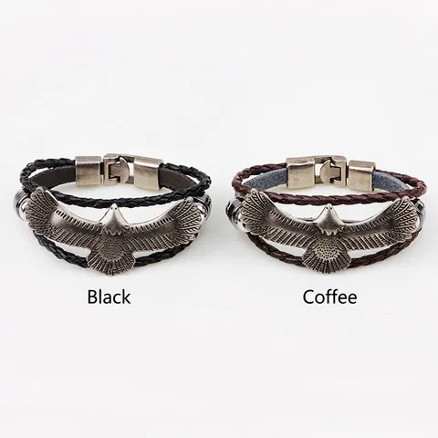 Vintage Men Woven Leather Bracelet Retro Alloy Eagle Pendant Bracelet Cowhide Braided Wristband Punk Rock Men Jewelry