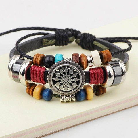 Vintage Cowhide Leather Bracelet For Men Bohemian Multilayer Braided Wood Bead Hematite Alloy Flower Charm Ethnic Jewelry