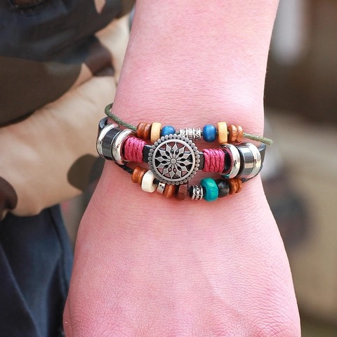 Vintage Cowhide Leather Bracelet For Men Bohemian Multilayer Braided Wood Bead Hematite Alloy Flower Charm Ethnic Jewelry