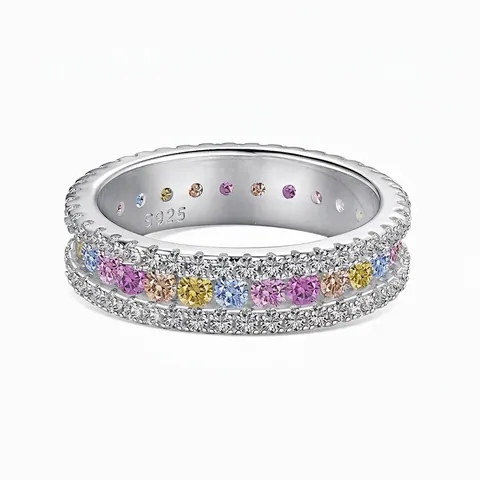 925 Sterling Silver Full Pave Multi-Color Zirconia Eternity Ring For Women Light Luxury Fashion Geometric Finger Jewelry