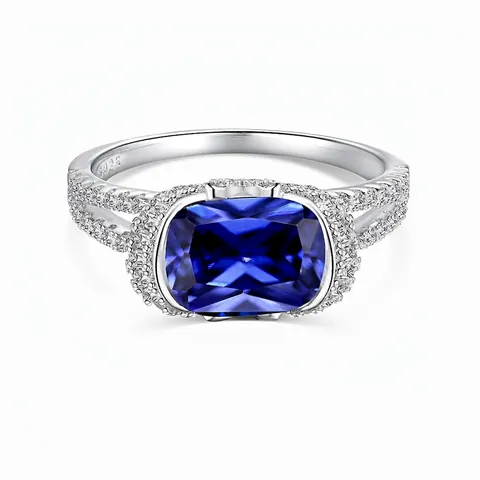 925 Sterling Silver Cushion Cut Blue Zirconia Halo Ring Elegant Wedding High-End Design Hand Jewelry For Women