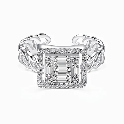 925 Sterlingsilber Offener Verstellbarer Ring Gürtelkette Design Pave Zirkonia Quadratisch Eingelegt Trendiger Damenschmuck Geschenk