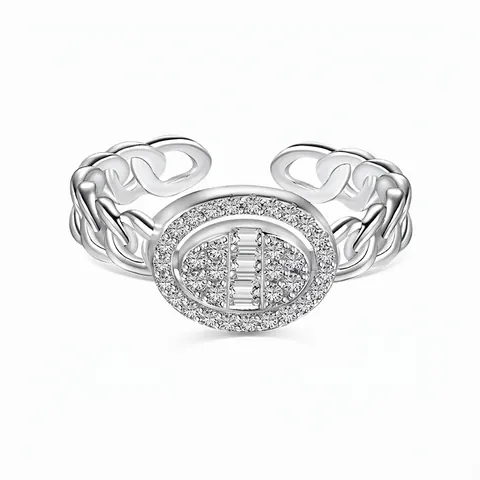 Anillo Abierto de Plata de Ley 925 para Mujer Diseño de Cadena de Cinturón con Circonia Ovalada Joyería Ajustable de Moda Coreana
