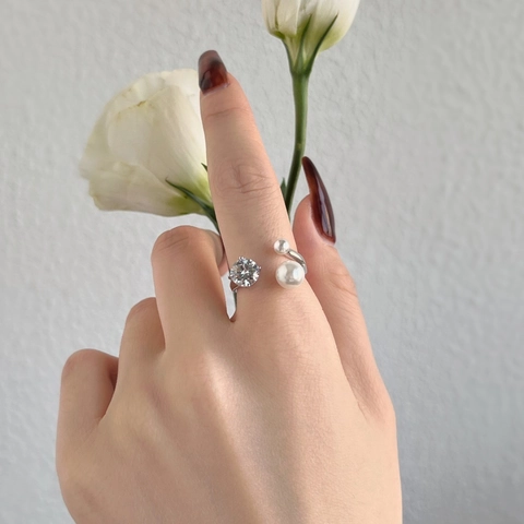 S925 Sterling Zilveren Open Ring Voor Dames Elegante Zirconia En Kunstparel Bypass Ontwerp Verstelbare Mode Sieraden Cadeau