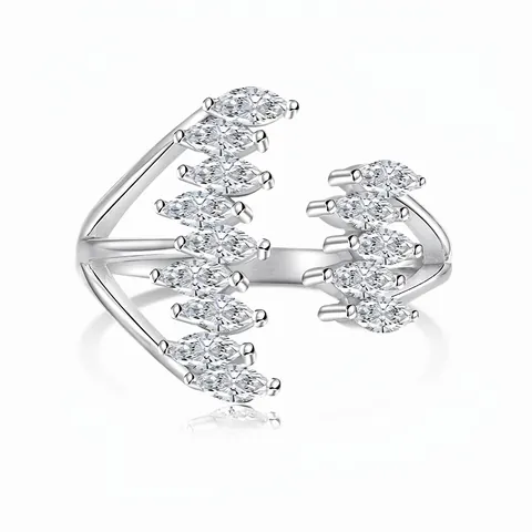 Anello Aperto Regolabile in Argento Sterling 925 Donna Zirconia Marquise Design Ancora Pavé Irregolare Gioielli Moda
