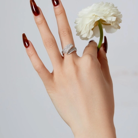 925 Sterling Silver Ring For Women Multi Layer Geometric Wrap Design With Sparkling Rhinestone Inlaid Pave Luxury Finger Ring