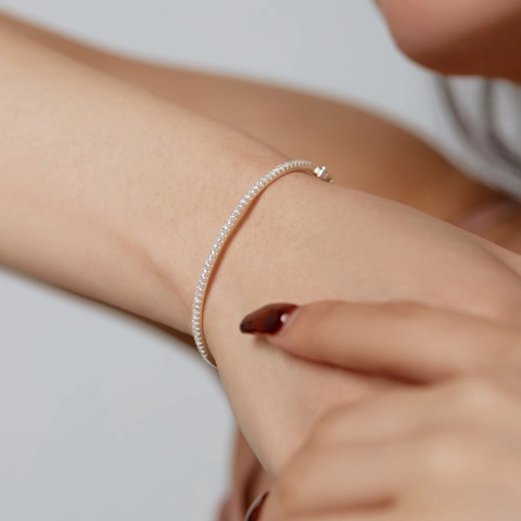 S925 Sterling Silver Zirconia Inlaid Bangle For Women Minimalist Row Drill Design Wedding Anniversary Party Jewelry Bracelet