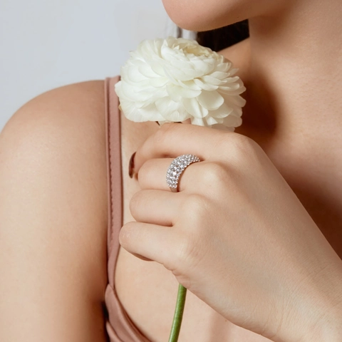 S925 Sterling Silver Pave Rhinestone Ring For Women Four Row Multi Layer Geometric Wide Band Band Ring Fashion Jewelry Gift