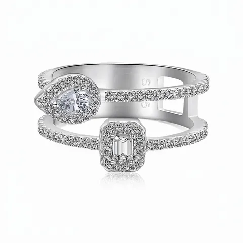 New 925 Sterling Silver Ring For Women Geometric Water Drop Double Layer Hollow Design Zirconia Inlay Closed Finger Ring Jewelry