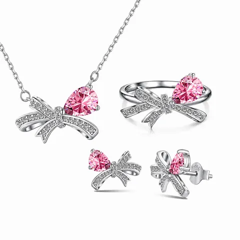 925 Sterling Silver Bowknot Jewelry Set With Waterdrop Zirconia Necklace Earrings Ring For Women Elegant Fashion Commute Accessories